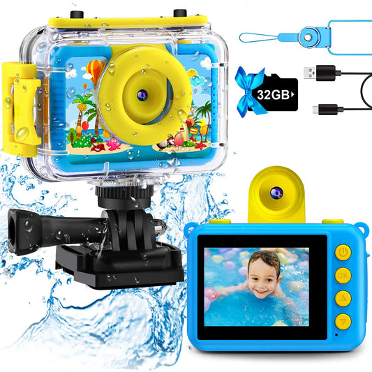 GKTZ Kids Camera waterproof, Underwater Camera-1080P Selfie Digital Camera for Kids with 32GB SD Card Toy for 3-12 year old boys and girls (Blue)
