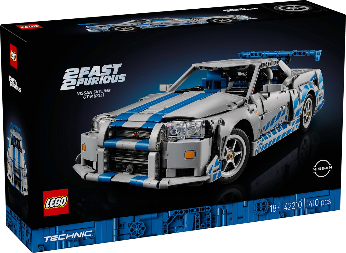 LEGO Technic 2 Fast 2 Furious Nissan Skyline GT-R R34 model building set for adults - featuring drift function, steering, suspension, and 6-cylinder engine - collector's gift for fans - 42210