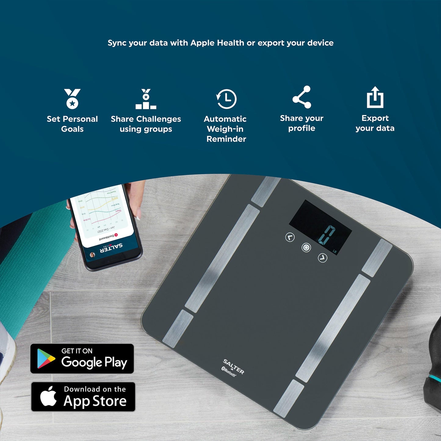 Salter SA00432FEU6 Bluetooth bathroom scale - body weight scale with max. capacity 200 kg, scale with 8-user memory, connect via Salter Health App to track health and fitness.