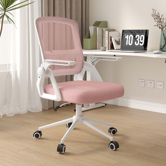 naspaluro office chair with foldable armrests, ergonomic desk chair with mesh backrest, lumbar support, height adjustable, rocking function, padded seat cushion, pink