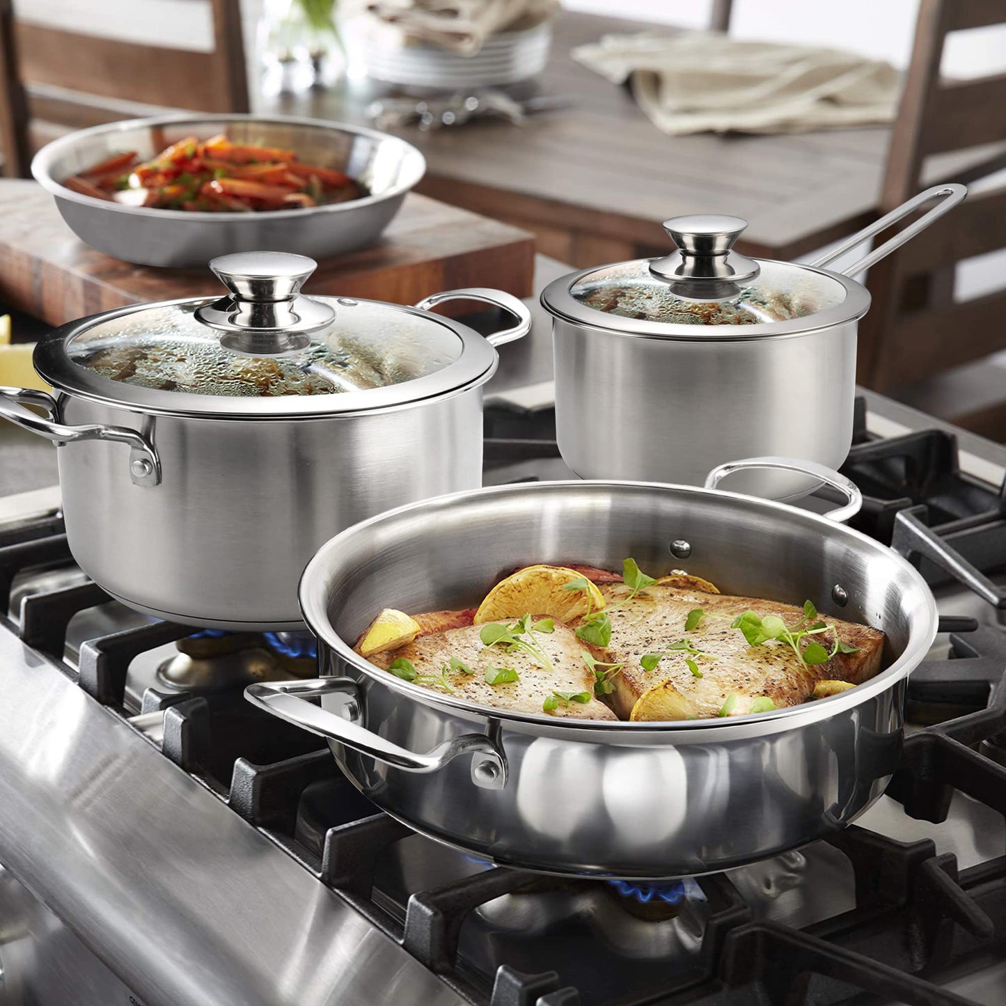 Wodillo Stainless Steel Cookware Set, 6-piece pot set with glass lids and cool-touch handles, suitable for all stovetops & oven safe, non-coated cookware set (Silver)