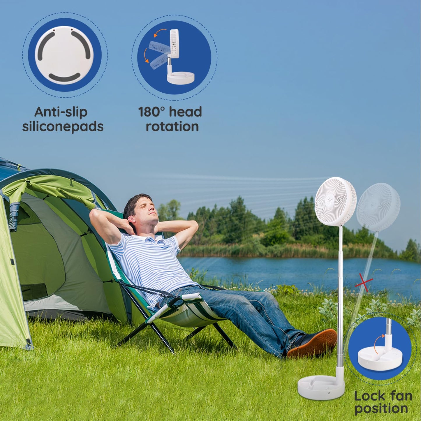Primevolve Fan with Remote Control, 7200mAh Battery USB Stand Fan Foldable Portable for Outdoor Travel Camping, Quiet Desk Fan for Bedroom Office- White-7.7"