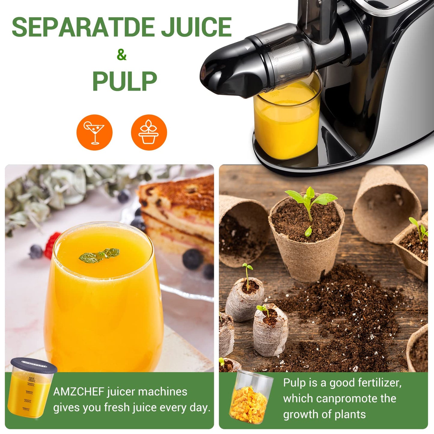 AMZCHEF Slow Juicer Vegetable and Fruit Juicer - 2 Speed Settings & High Juice Yield - Easy Disassembly with Reverse Function - Electric Juicer with Quiet Motor - Gray
