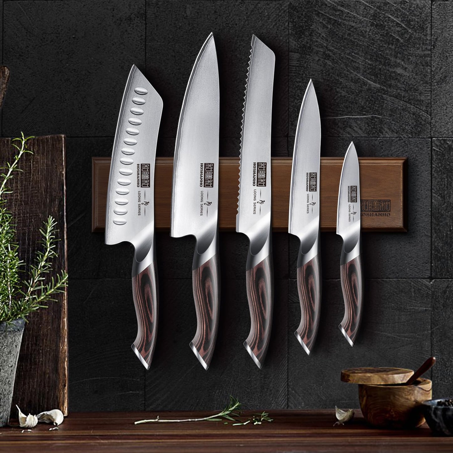 HOSHANHO 6-piece Knife Set, Ultra Sharp Kitchen Knife Set with Magnetic Knife Holder, Professional High Quality Carbon Steel Cooking Knife Set, Ergonomic Pakkawood Handle