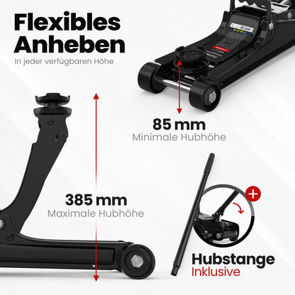 AUTORIA Jack 2.5T - Low-profile hydraulic trolley jack with case, 3X rubber pads & adapter - for cars & lowered vehicles - up to 2,500 kg lifting capacity