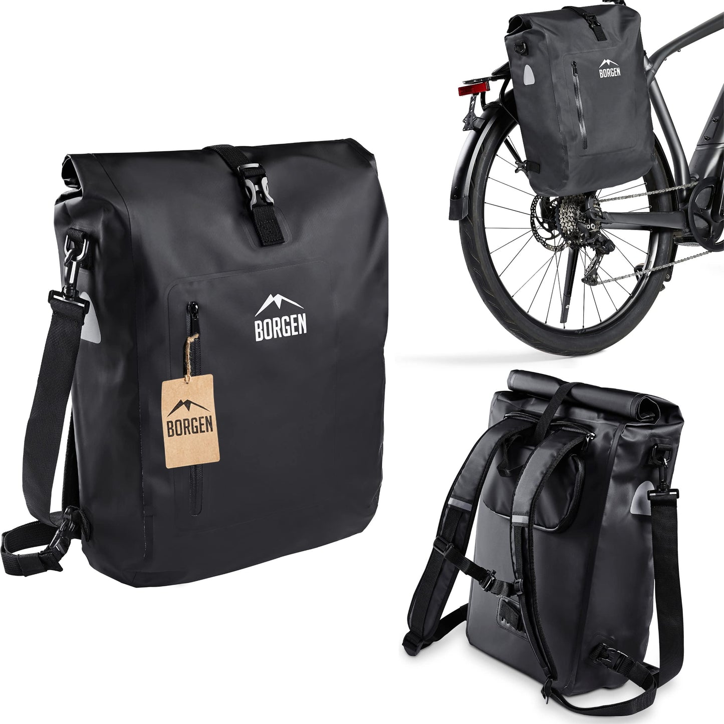 Borrow 3in1 waterproof bike bag for luggage rack - Reinforced straps (Innovation 2023) - Can be used as a bike backpack, luggage rack bag, bike bag, and backpack.