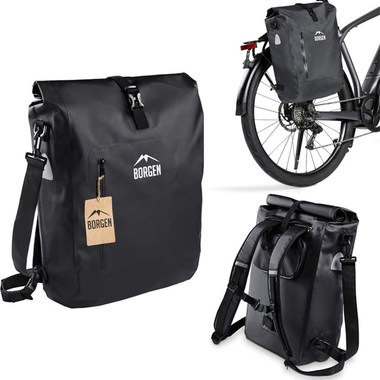 Borrow 3in1 waterproof bike bag for luggage rack - Reinforced straps (Innovation 2023) - Can be used as a bike backpack, luggage rack bag, bike bag, and backpack.
