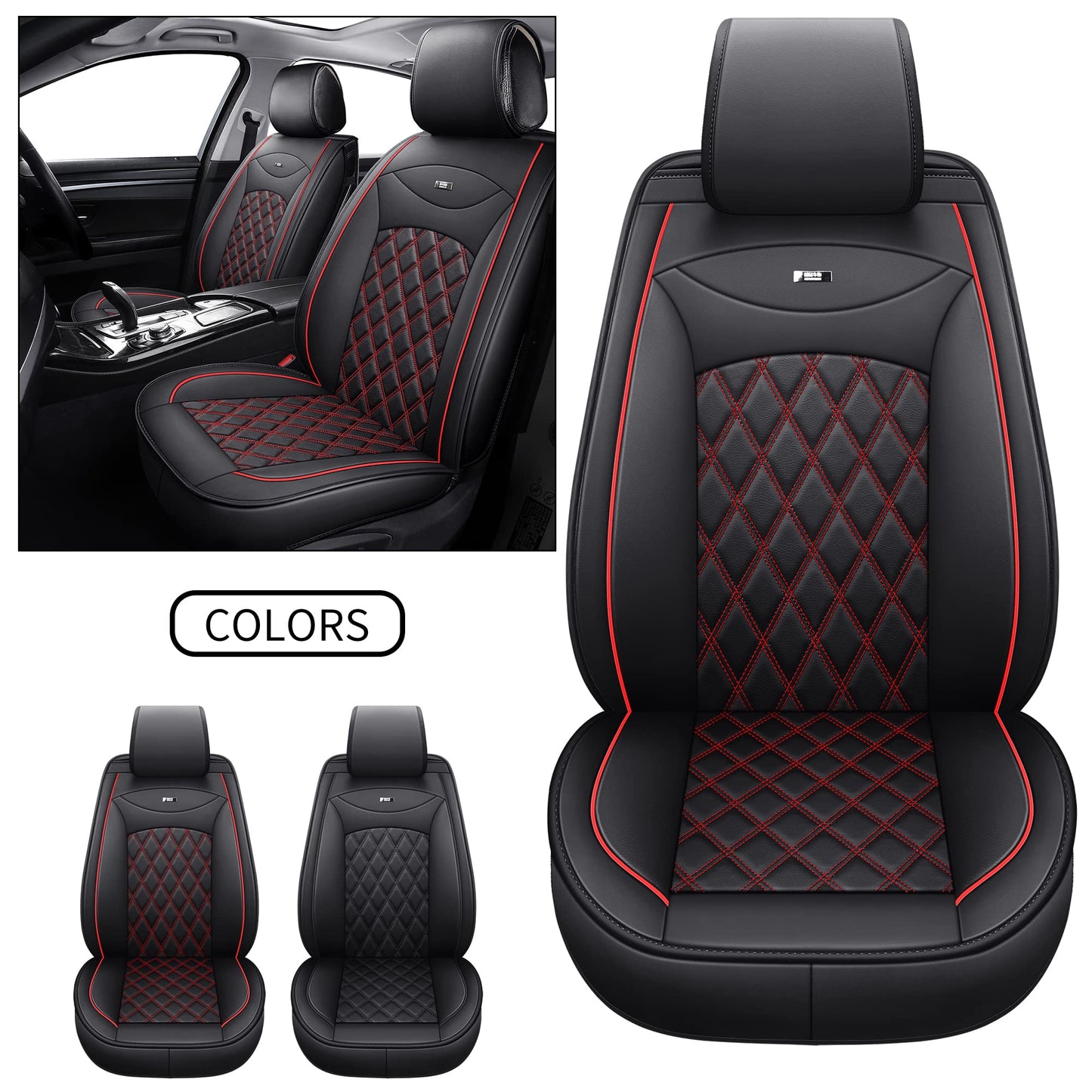 2 pieces of black and red leather car front seat covers with rhombus pattern - Universal fit for most cars - Airbag compatible - Durable faux leather - Easy installation.