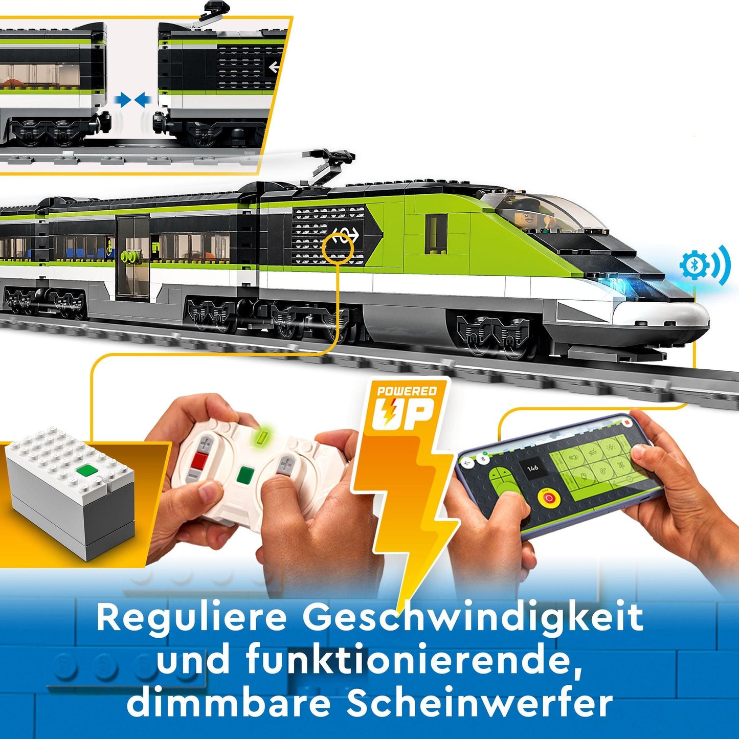 LEGO City Trains - High-speed Passenger Train - Remote-controlled train with working headlights, 2 carriages, 24 track pieces & 6 minifigures - Gift for boys & girls ages 7+ - 60337