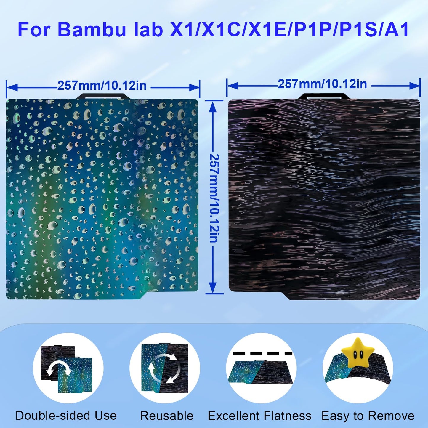 IdeaFormer Holographic PER PEH printing plate for Bambulab X1/X1C/X1E/A1/P1P/P1S, Smooth Wood Grain+Waterdrop PER PEH Spring Steel print bed 3D printer plate 257x257mm for Bambu Lab.