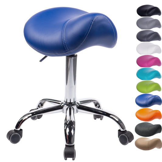 1stuff® Saddle Stool MULY - seat height up to approx. 74cm - ergonomic rolling stool office stool doctor stool work stool practice stool swivel stool (leatherette royal blue)