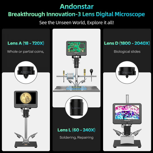 Andonstar AD246S-M Plus 7'' HDMI soldering digital microscope for electronics repairs, 2000x 3 lens 2160P UHD video recording, soldering microscope station with helping hands, coin microscope, 32GB card.