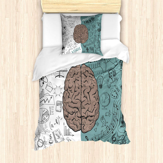 ABAKUHAUS Brain Duvet Cover Set for Twin Beds, Music Logic Brain Art, Dust Mite Proof Allergy Friendly with Pillowcase, White Teal Umber