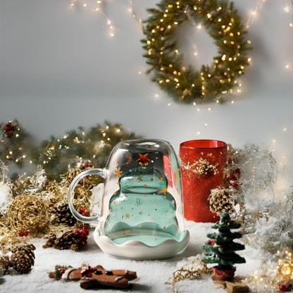 Set of two Sweet Christmas tree double-walled Latte Macchiato glasses 270ml coffee cup Christmas mug with Christmas tree tea strainer tea glasses for milk, iced, Christmas gifts gifts for women and children.