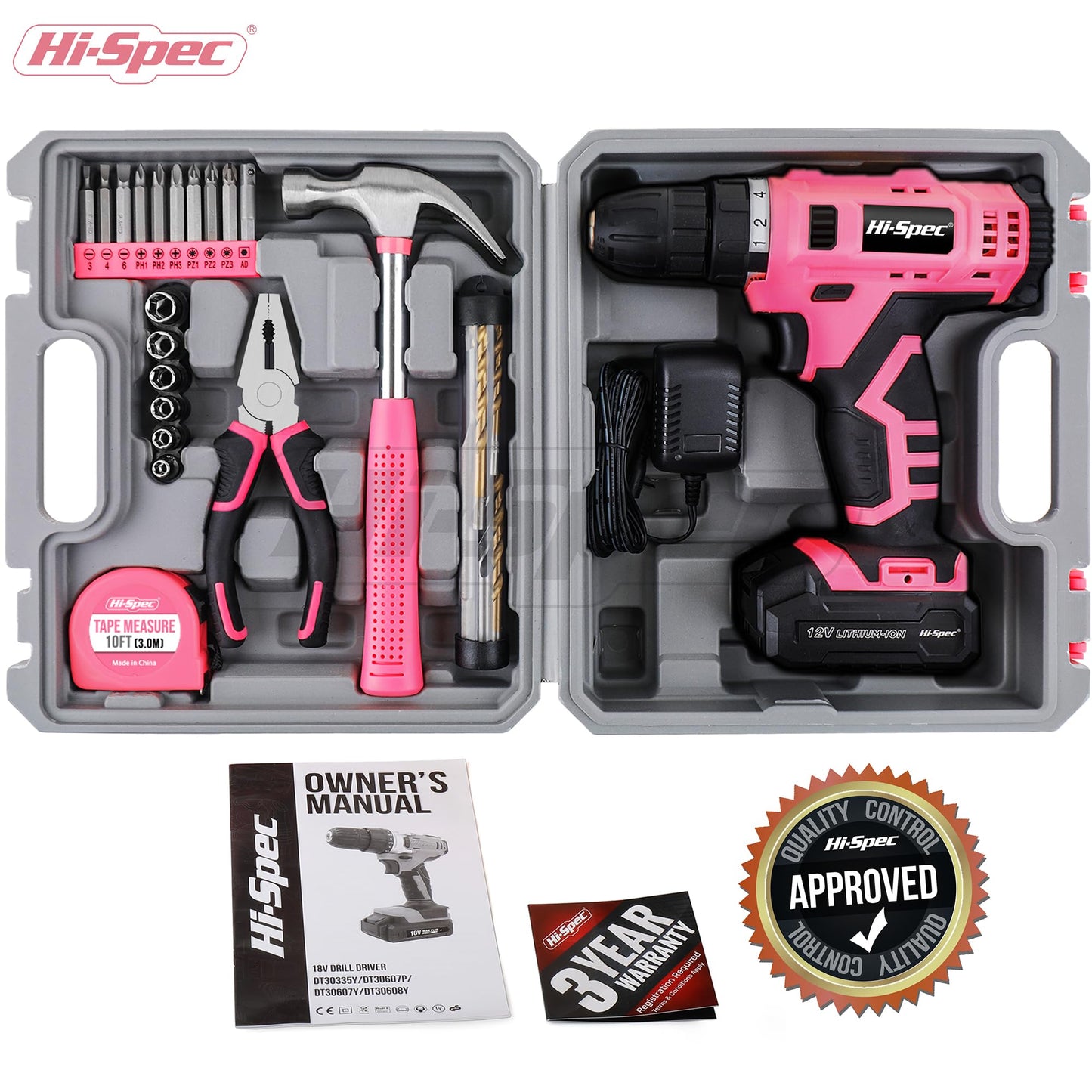 Hi-Spec 30-piece women's tool kit with 12V pink cordless drill, hammer, and screwdrivers - tool set for household, garden, & hobby.