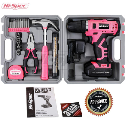 Hi-Spec 30-piece women's tool kit with 12V pink cordless drill, hammer, and screwdrivers - tool set for household, garden, & hobby.