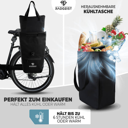 RADGEIST bicycle bag for luggage rack I cargo rack bag shopper with removable cooler bag I bicycle shopping bag & tote bag 22-28 liters.