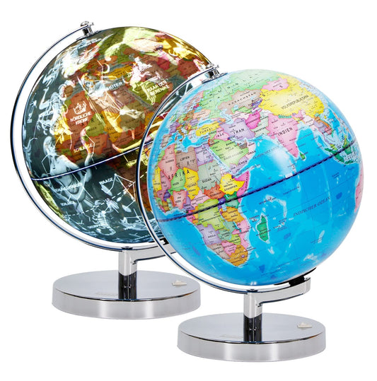 23cm illuminated globe with metal base - German map - student globe with cable-free LED lighting - political map (daytime) - constellation of stars (night)