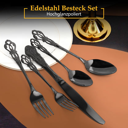 Black Royal 20-piece Cutlery Set, Black Cutlery Set for 4 made of stainless steel, Royal Black Cutlery Knife and Fork Set high-gloss polished dishwasher safe for wedding banquet gift.