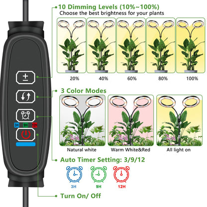Niello Grow Lamp with Stand, 2-Head LED Plant Light for indoor Plants, Full Spectrum Growth Lamp, Auto on/off 3/9/12H Timer, 10 dimmable Levels, Adjustable Height for tall Plants.