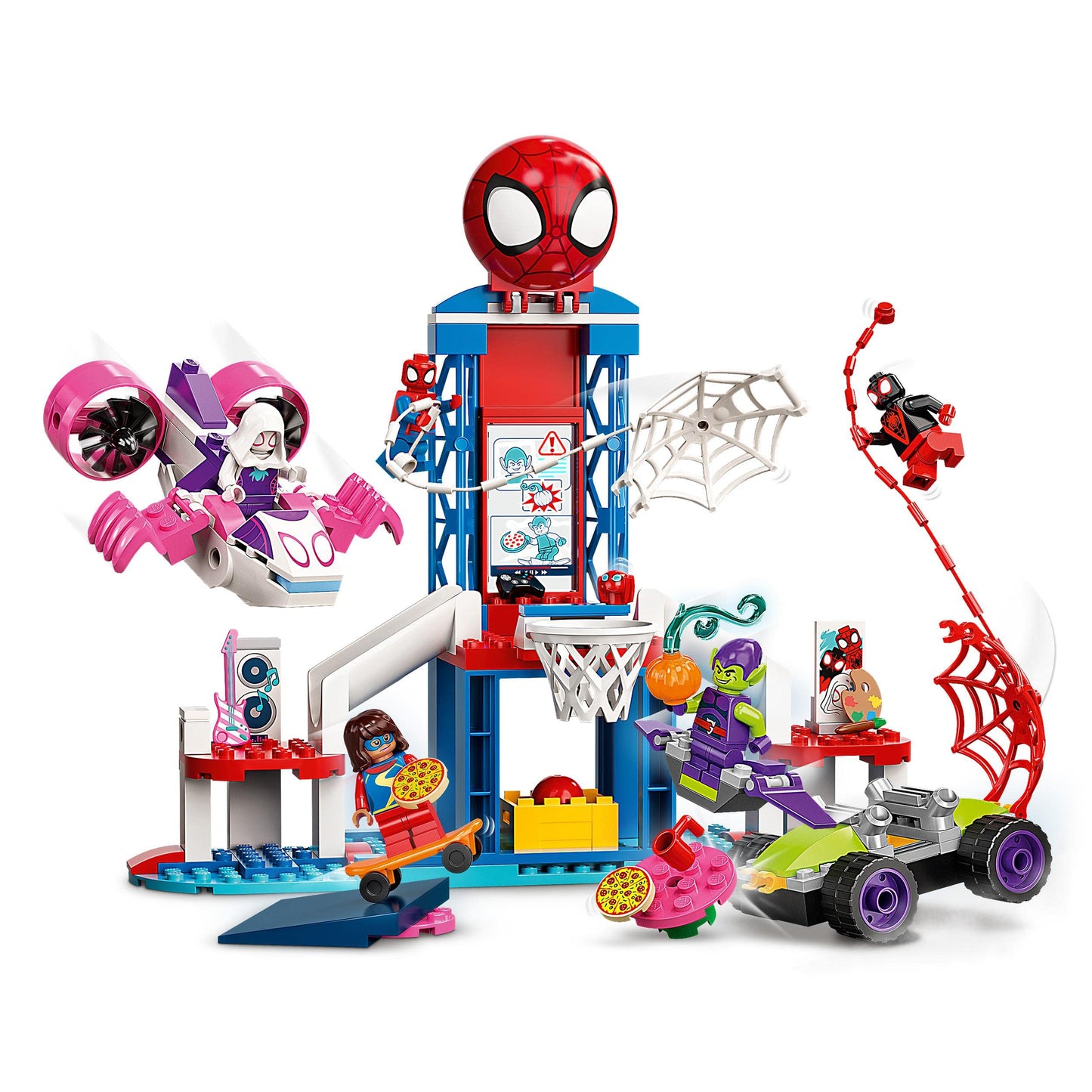 LEGO 10784 Marvel Spidey and His Super Friends Spider-Man's Headquarters, buildable toy with 2-in-1 car and plane, and 5 minifigures including Miles Morales, gift for kids.