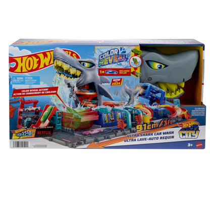 Hot Wheels Let's Race Netflix City toy car track set, Ultimate Shark car wash with 1:64 scale toy car, color change feature, repeatable color change effect, storage, HTN82.