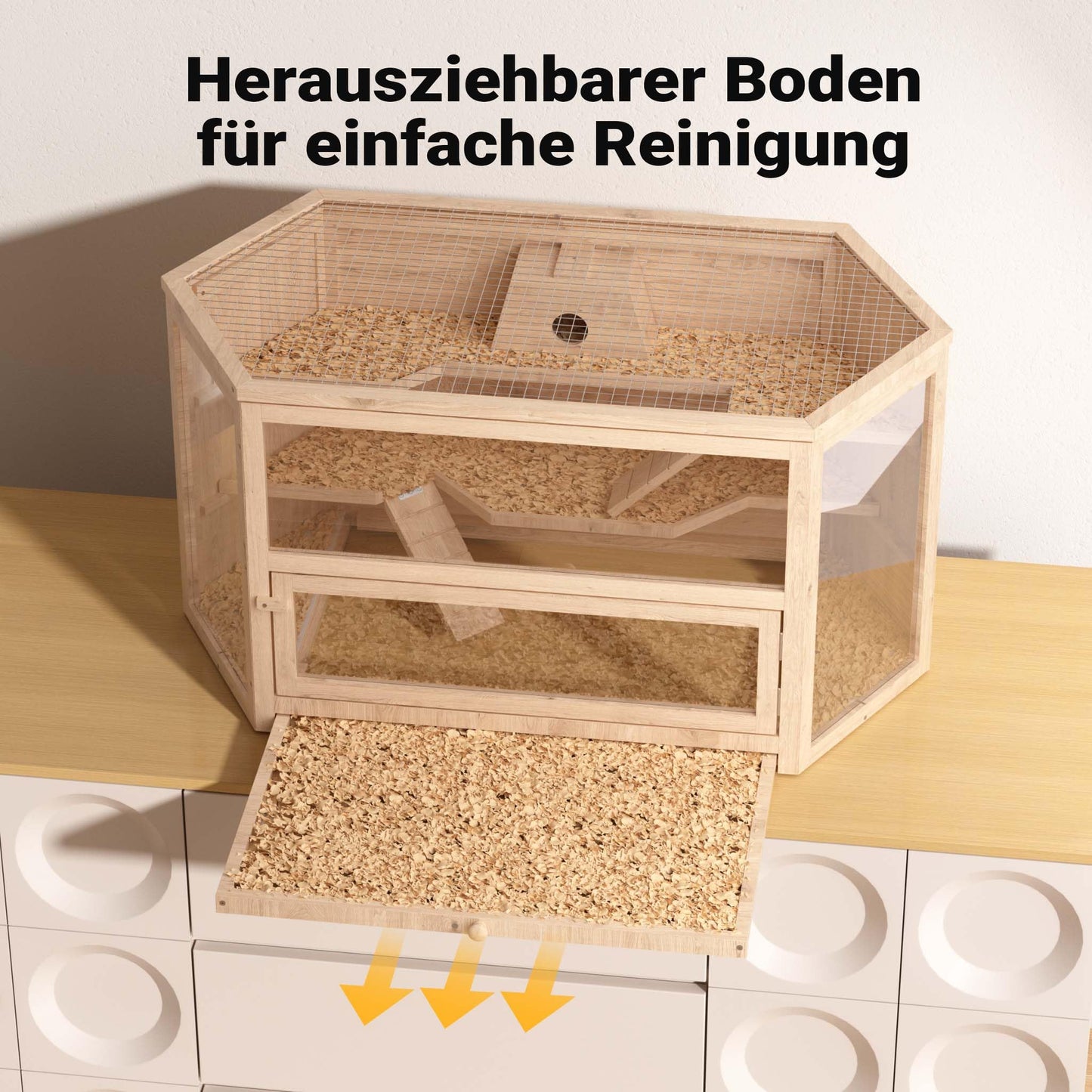 Wiltec XXL 3 level rodent cage, hexagonal, 1150 x 600 x 580 mm, made of wood, with foldable lid & viewing window, small animal house mouse cage hamster cage