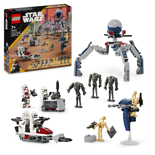 LEGO Star Wars 75372 Clone Trooper & Battle Droid Battle Pack, incl. 4 minifigures, 5 droids, and speeder bike with shooter - building toy for boys and girls aged 7 and up.