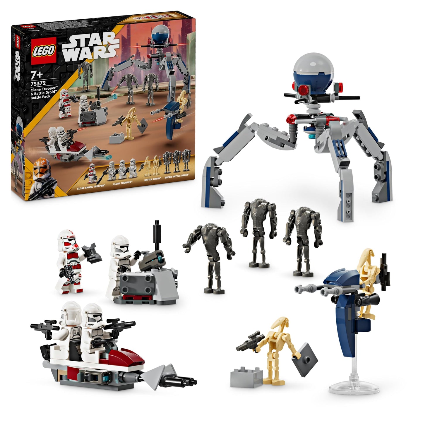 LEGO Star Wars Obi-Wan Kenobi's Jedi Starfighter, buildable toy with Tauntaun and Star Wars Clone Trooper & Battle Droid Battle Pack, kids toy with buildable Speeder Bike.