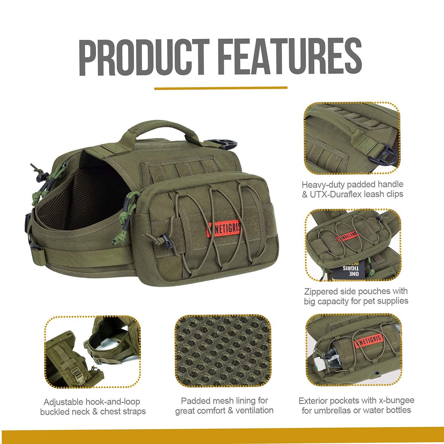OneTigris Mammoth Dog Backpack 2.0 Version Rip-stop Camping Hiking Dog Backpack for M/L Size Dogs (M, Ranger Green)