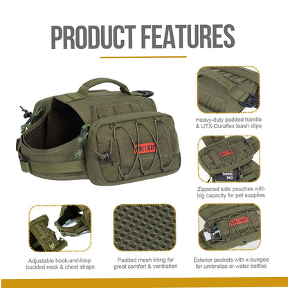 OneTigris Mammoth Dog Backpack 2.0 Version Rip-stop Camping Hiking Dog Backpack for M/L Size Dogs (M, Ranger Green)