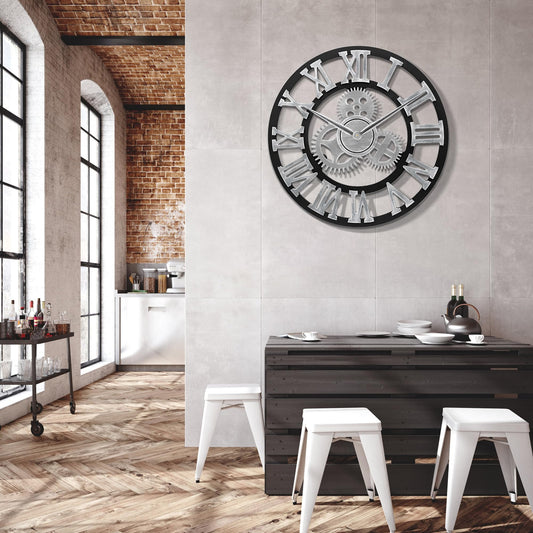 Lafocuse wooden wall clock large industrial silver, silent vintage wall clock 60cm XXL, gear roman numerals steampunk large for living room kitchen.