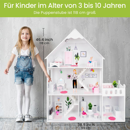 Green Series Wooden Dollhouse XXL - 3 floors with LED light & 57 accessories - For 30 cm fashion dolls (Barbie size) - 118 cm tall, 7 rooms