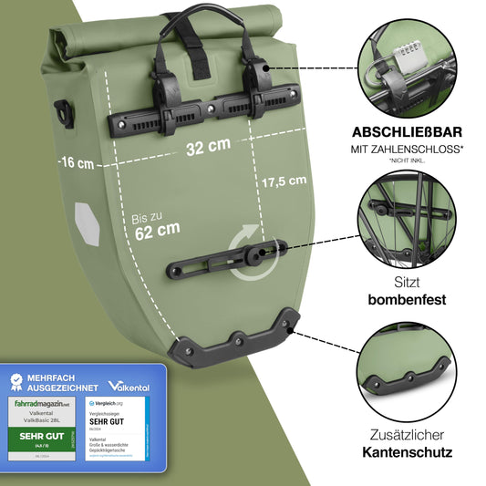 Valkental - Large & waterproof pannier bag - 28L capacity - Bike bag for rack with reflectors in Natural Green
