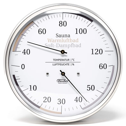 Fischer 185.01 Sauna Universal Thermohygrometer - 160mm Hair Hygrometer and Bimetal Thermometer made of stainless steel. Made in Germany.