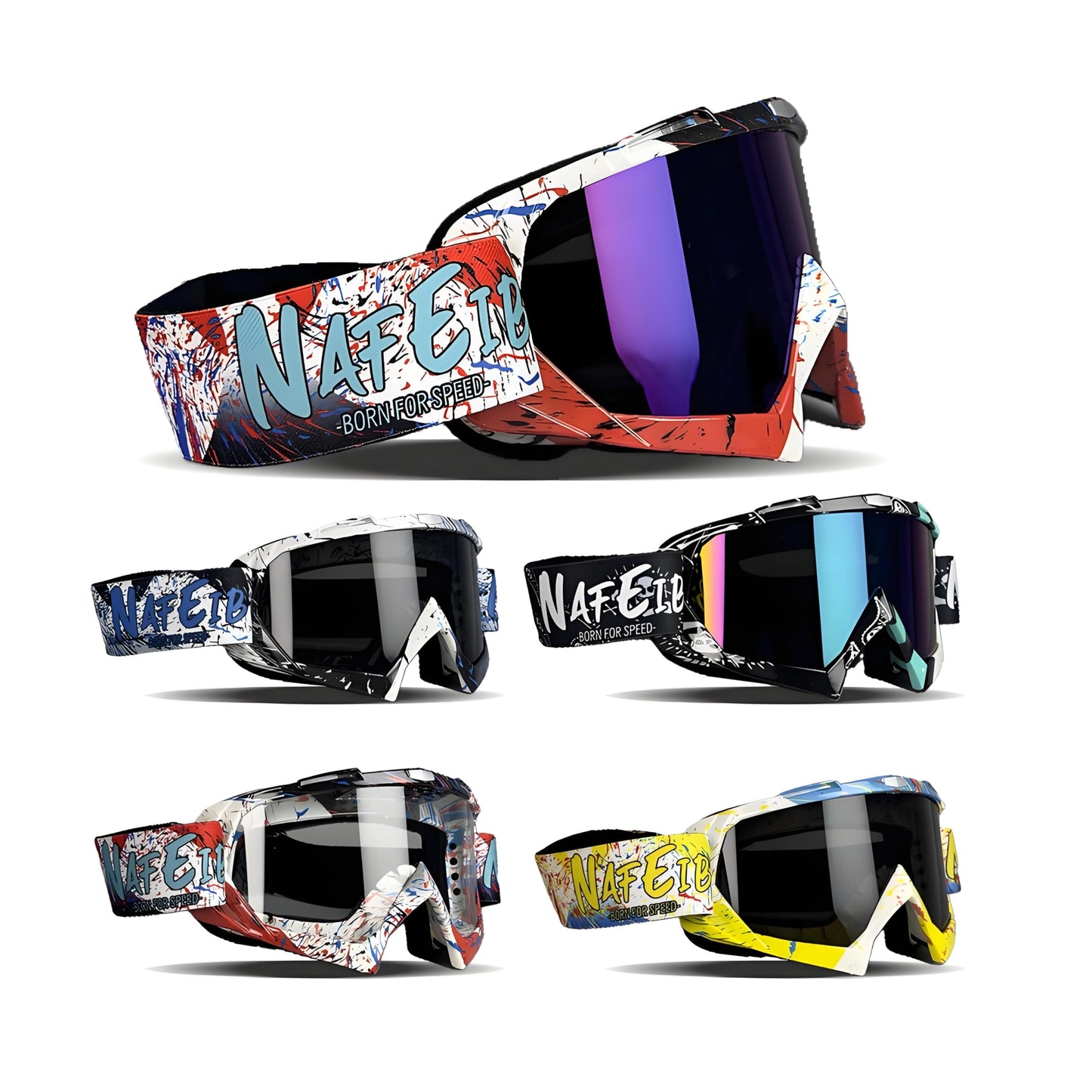 4-FQ Motocross Goggles, Motorcycle Goggles, High-Quality Off Road Racing Goggles, Anti-Fog UV Protective Goggles Sports Goggles for ATV Dirt Bike, Adjustable Goggles for Glasses Wearers (Graffiti Blue)