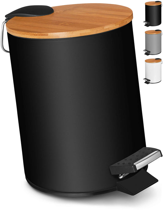 VMbathrooms 3L cosmetic bin in chic black design | Step trash can with soft close lid | Elegant bin for the bathroom with inner container and bamboo wood lid