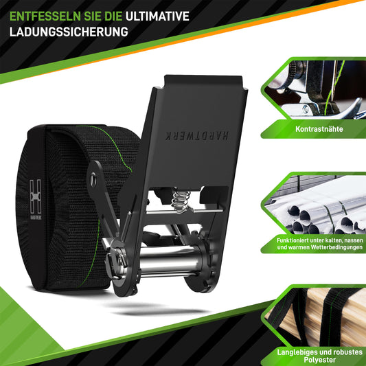 Hardtwerk® ratchet tie-down straps (4 pieces) - 6m, 1000kg clamping force, TÜV & GS certified - Versatile ratchet straps for professional use - trailers, luggage & camping, black