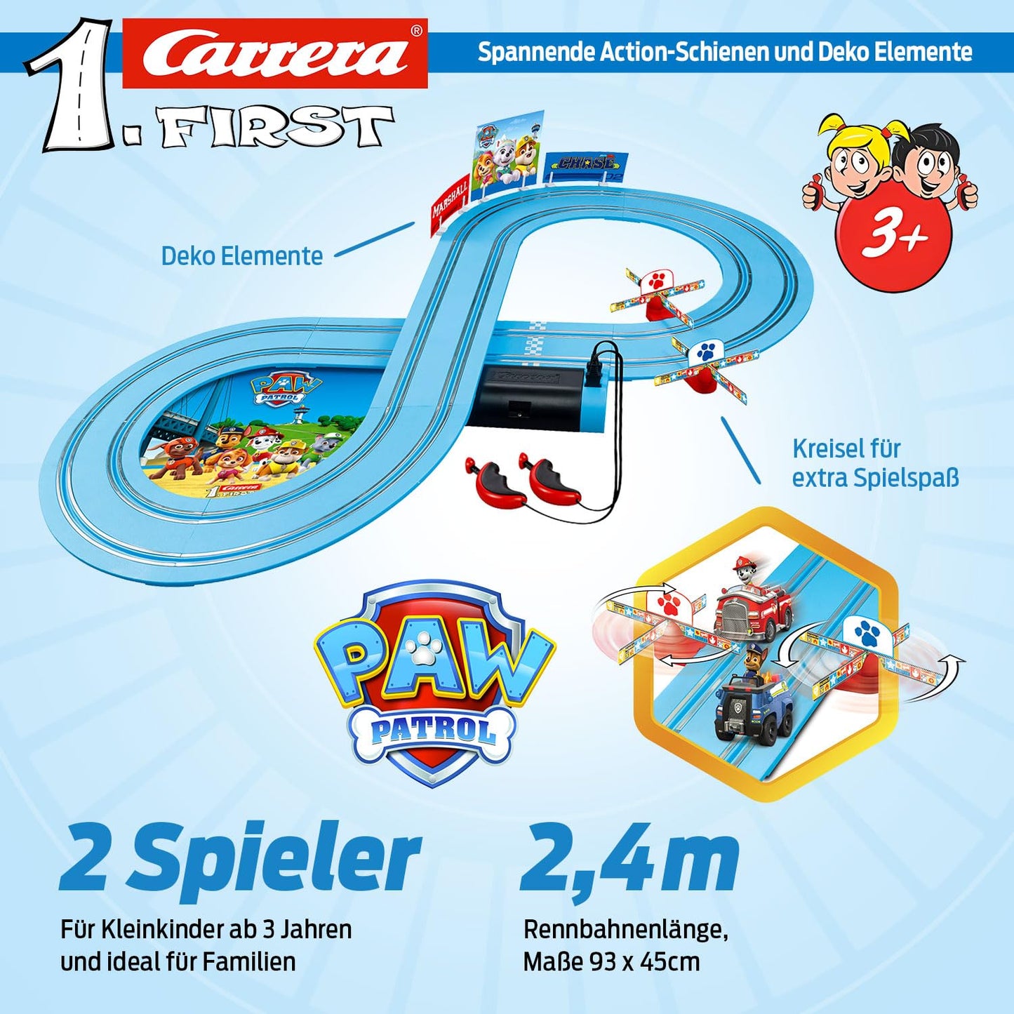 Carrera 369-3033 FIRST PAW PATROL On the Track 2.4m Race Track Set | 2 remote-controlled vehicles featuring Chase and Marshall | includes hand controller & track pieces | toy for kids 3+ years old