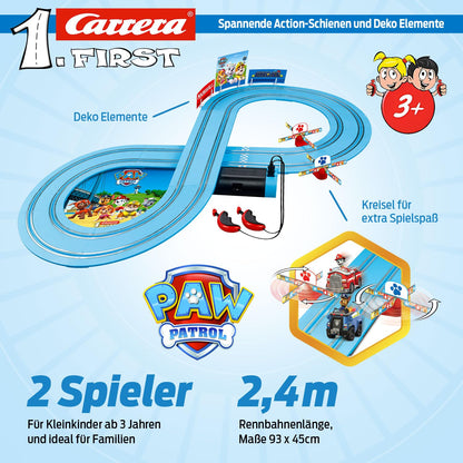 Carrera 369-3033 FIRST PAW PATROL On the Track 2.4m Race Track Set | 2 remote-controlled vehicles featuring Chase and Marshall | includes hand controller & track pieces | toy for kids 3+ years old