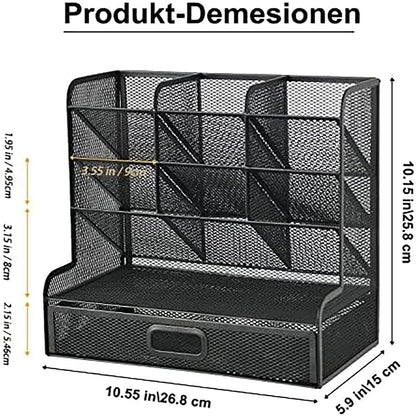 Marbrasse Mesh Desk Organizer, Multifunctional Pen Holder, Desk Organizer, Storage Shelf for School and Home Office Supplies (Black with Drawer)