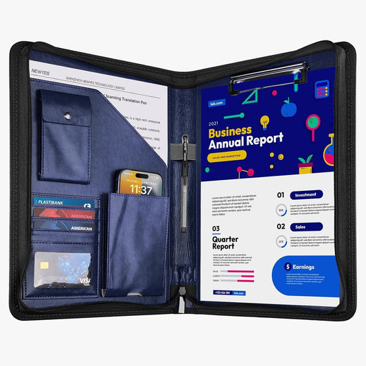 NEWYES A4 document folder, water-resistant with zipper & clipboard, faux leather portfolio perfect for business trips, teachers as a gift, or office use - Dark Blue.