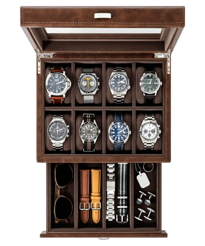 TAWBURY watch box for men for 8 watches - Men's watch box with 8 compartments made of brown vegan leather | Watch storage | Watch box for men | Watch case (Brown)
