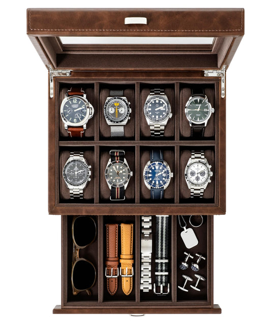 TAWBURY watch box for men for 8 watches - Men's watch box with 8 compartments made of brown vegan leather | Watch storage | Watch box for men | Watch case (Brown)