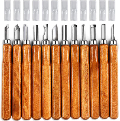 Wood Carving Tool Set, KAQ 32 in 1 Carving Kit with 15 Carving Knives, 6 Pieces of Lime Wood for Carving, Sharpening Stone, and cut-resistant gloves. Carving tool set for beginners and kids.