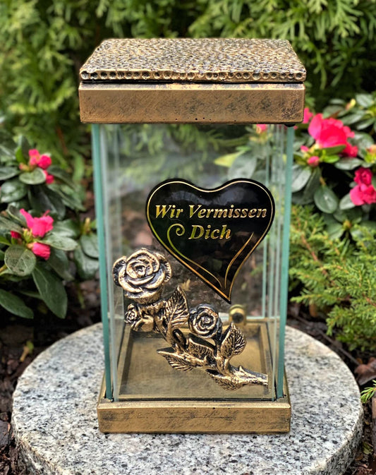 Garden Paradise Handmade Grave Lamp with Door - New model with inscription 'We miss you' Grave light candle Grave decoration Grave ornament 24 cm H. incl. grave candle, Black Gold