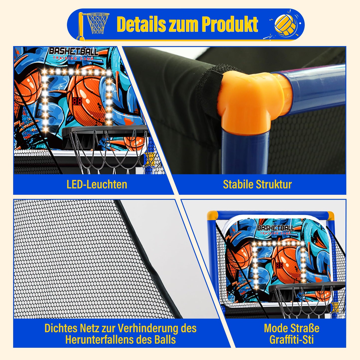 SKERITO Basketball Game Set, including 4 balls and hoops for kids aged 3-12. Ideal for indoor and outdoor sports, easy to set up, with included air pump.