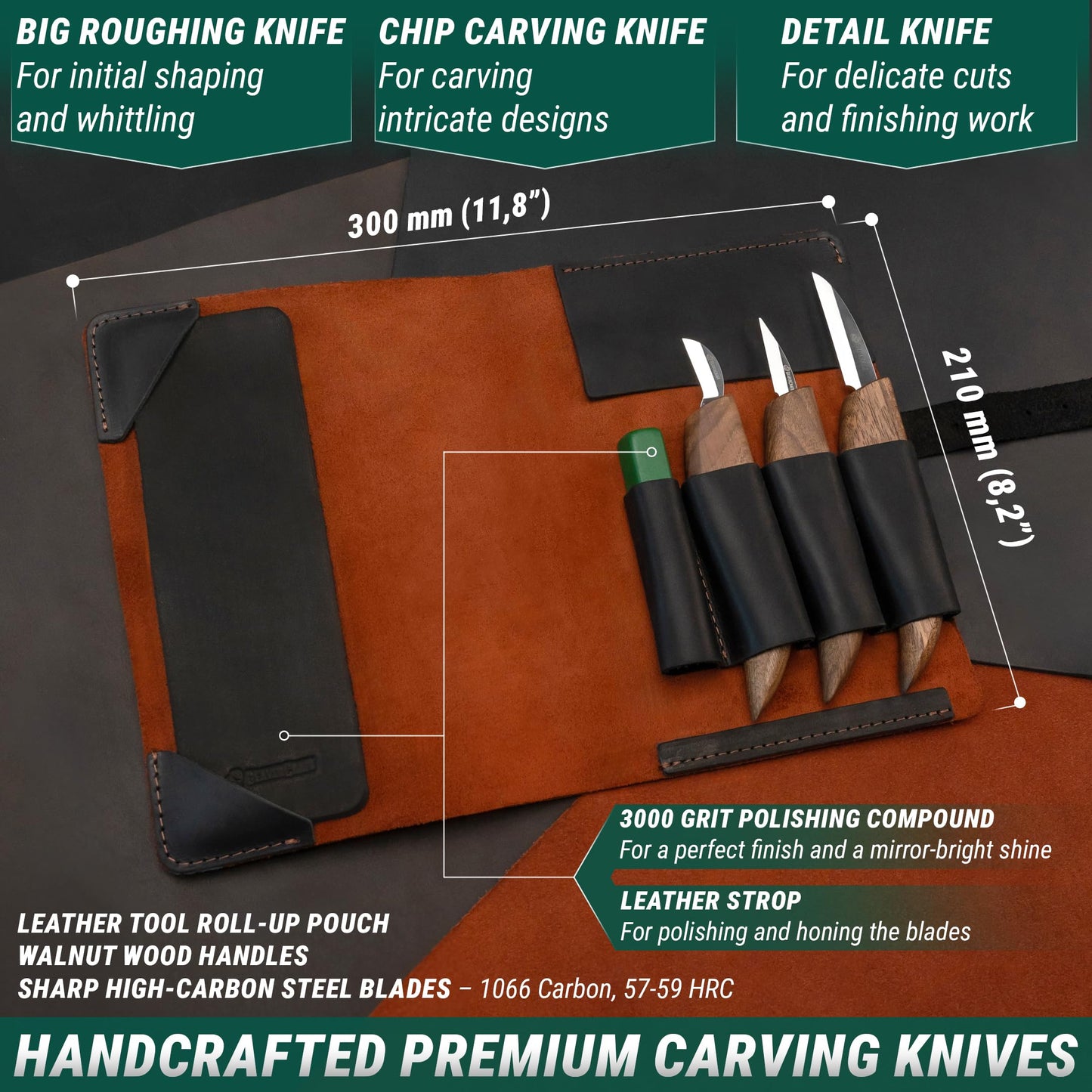 BeaverCraft Wood Carving Set Deluxe Carving Knife Set S15X - Wood Carving Tools and Leather Strop for Sharpening with Polishing Compound - Carving Knives, Gouges, Chisels.