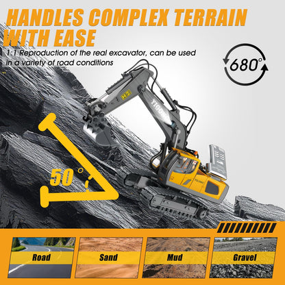 KIYTARBOO Remote Control Car Excavator Toy for ages 3 and up. Metal remote control sand vehicle, 11 channels, 2.4GHz RC excavator with lights and sound, 680° rotation. Great gift for boys aged 5-12.