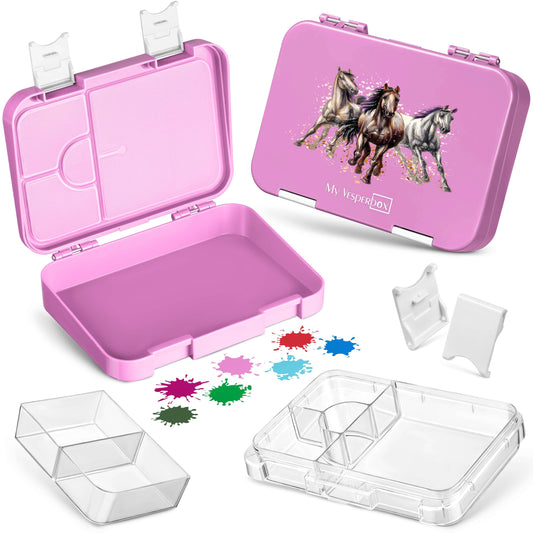 My Vesperbox - Len - Bento Box Children - Lunchbox with 4+2 compartments - extremely durable - lunch box - ideal for kindergarten and school. (Pink - Horses)